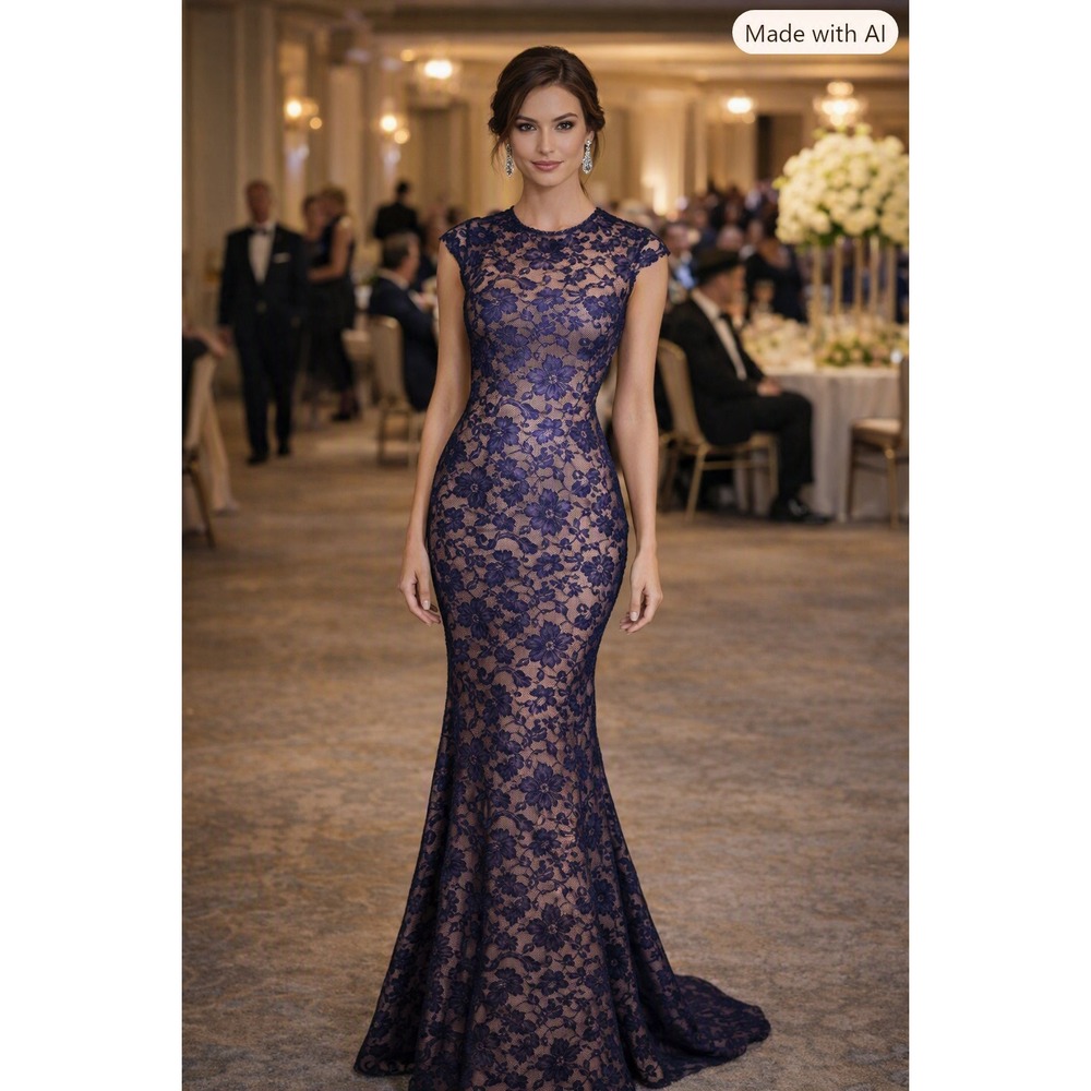 Betsy & Adam Navy Blue Floral Lace Mermaid Gown Cap Sleeve Formal Dress Size 8